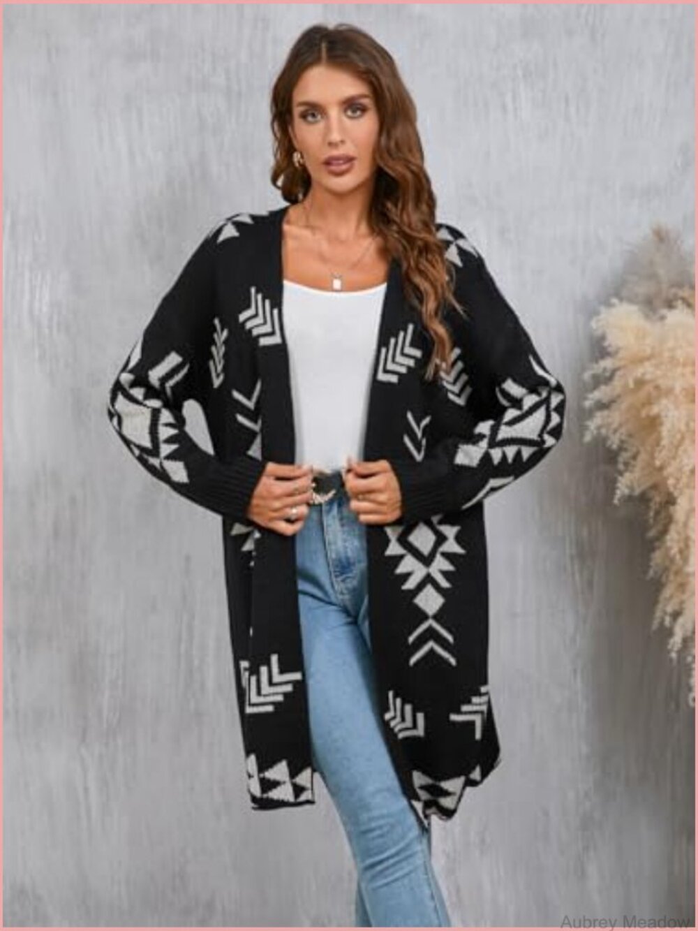 Womens Oversized Long Cardigan Open Front Fall Trendy Geometric Jacquard Knit - Picture 4 of 7